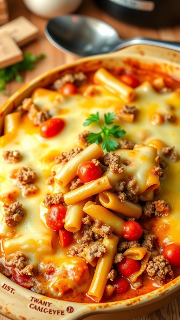 A bubbling ground beef casserole with cheese, pasta, and tomatoes, garnished with parsley, in a rustic dish.